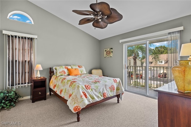 bedroom with access to outside, ceiling fan, light carpet, and lofted ceiling