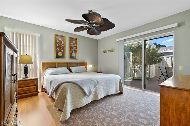 bedroom featuring ceiling fan, access to exterior, and light wood-type flooring