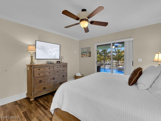 bedroom with crown molding, dark wood-type flooring, access to exterior, and ceiling fan