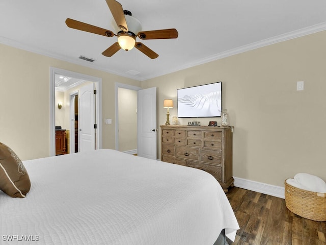 bedroom featuring ceiling fan, dark hardwood / wood-style flooring, and crown molding