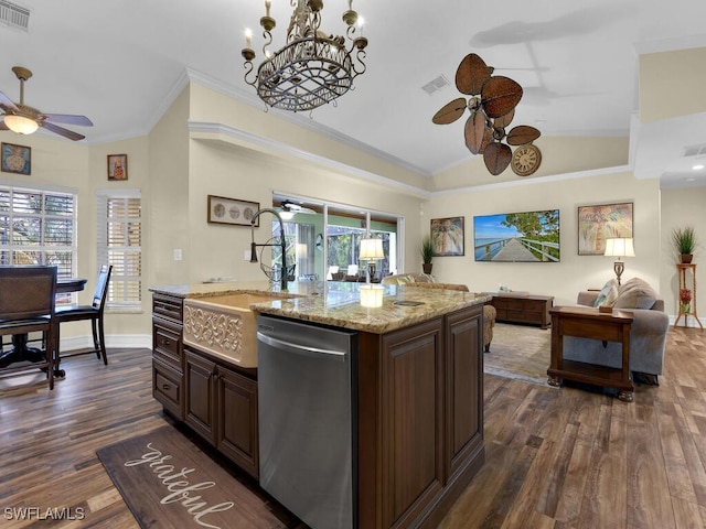 kitchen with dishwasher, crown molding, dark hardwood / wood-style floors, and lofted ceiling