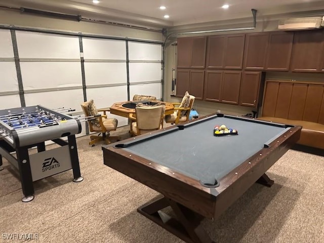 recreation room featuring light colored carpet and billiards