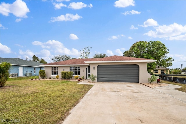 single story home featuring a front yard, a garage, and central AC