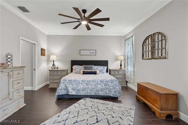 bedroom featuring ceiling fan and ornamental molding