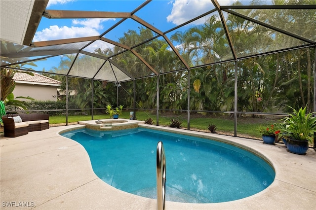 view of swimming pool featuring an in ground hot tub, a patio, and glass enclosure