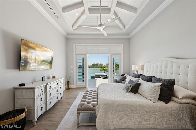 bedroom featuring light hardwood / wood-style flooring, beam ceiling, ceiling fan, access to exterior, and coffered ceiling