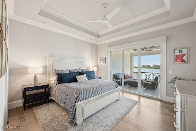 bedroom with a raised ceiling, ceiling fan, and access to exterior