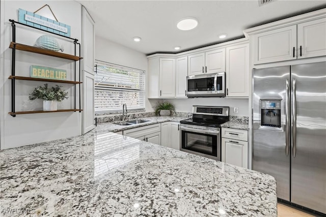 kitchen featuring white cabinetry, stainless steel appliances, sink, and light stone counters