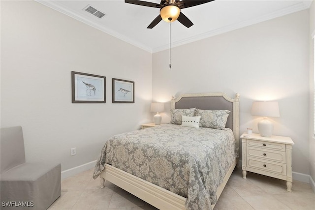 bedroom with ceiling fan, light tile patterned floors, and crown molding