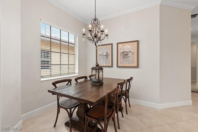 tiled dining area featuring an inviting chandelier and crown molding