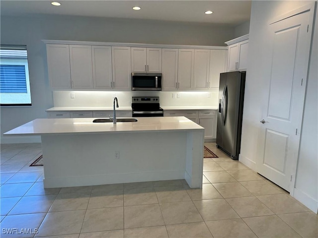 kitchen with electric range, black fridge with ice dispenser, white cabinetry, and sink