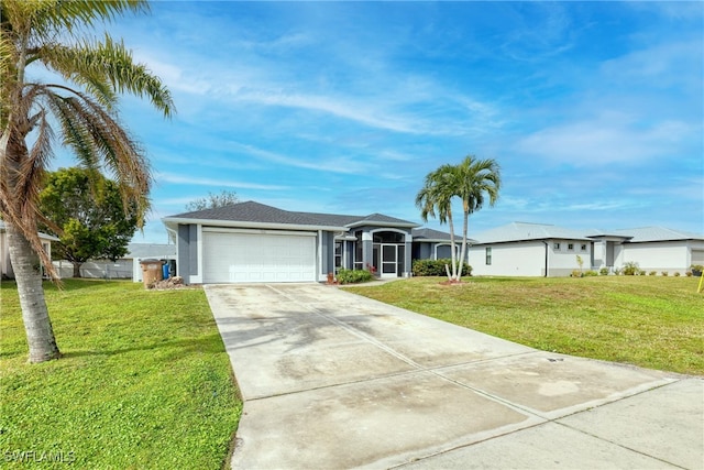 ranch-style house with a garage and a front yard