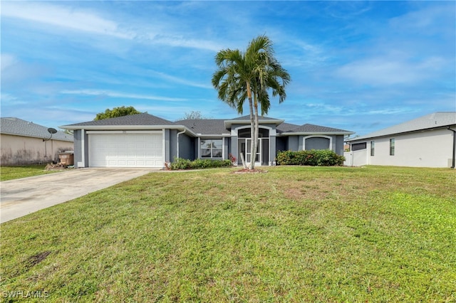 ranch-style house with a garage and a front lawn