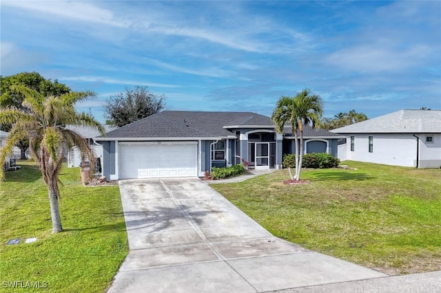 ranch-style house featuring a garage and a front yard