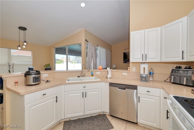 kitchen featuring white cabinetry, sink, hanging light fixtures, and dishwasher