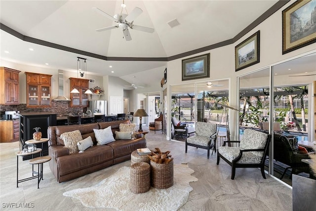 living room featuring high vaulted ceiling and ceiling fan