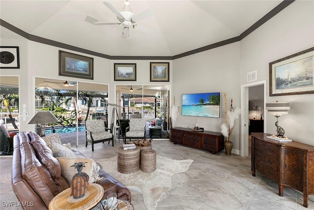 living room featuring high vaulted ceiling and ceiling fan