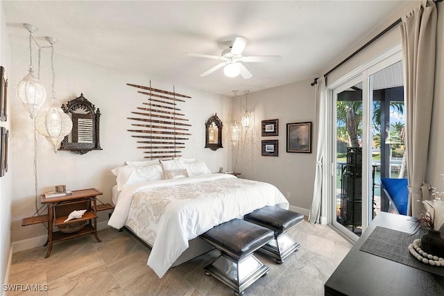 bedroom with ceiling fan and access to outside