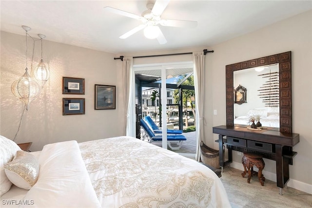 bedroom with ceiling fan and access to exterior