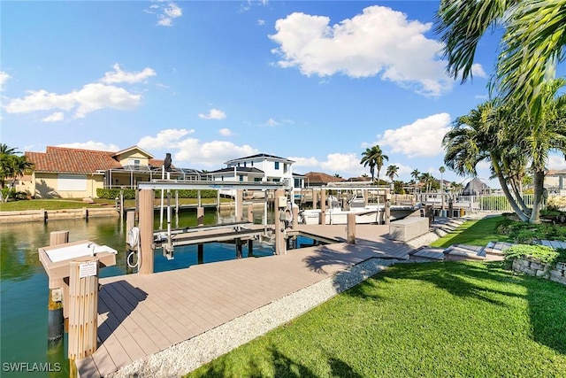 dock area with a water view and a lawn