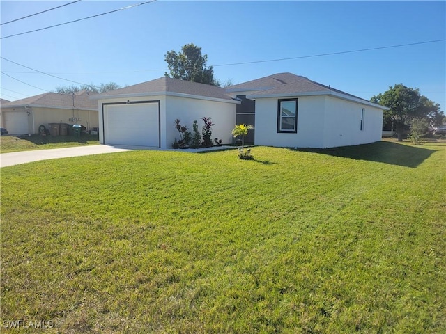 single story home with a garage, an outdoor structure, and a front lawn