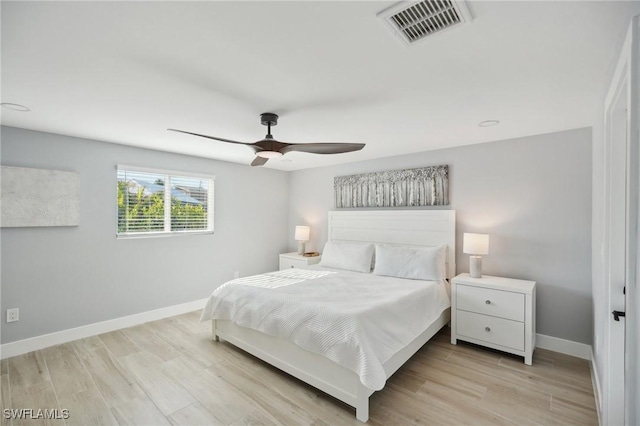 bedroom featuring ceiling fan and light hardwood / wood-style floors