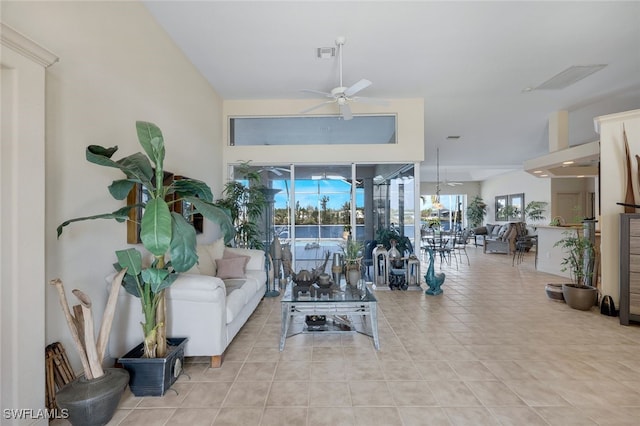 living room with light tile patterned floors and ceiling fan