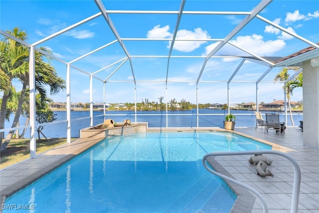 view of swimming pool with a water view, a lanai, and a patio area