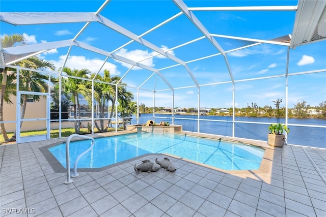 view of pool featuring a water view, a lanai, and a patio