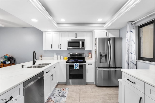 kitchen featuring sink, stainless steel appliances, a tray ceiling, light stone countertops, and white cabinets