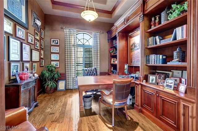 home office with a tray ceiling, light hardwood / wood-style floors, and ornamental molding