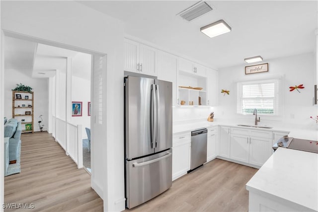 kitchen with white cabinets, appliances with stainless steel finishes, light hardwood / wood-style floors, and sink