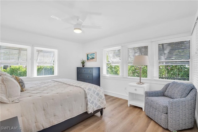 bedroom featuring ceiling fan and light hardwood / wood-style flooring