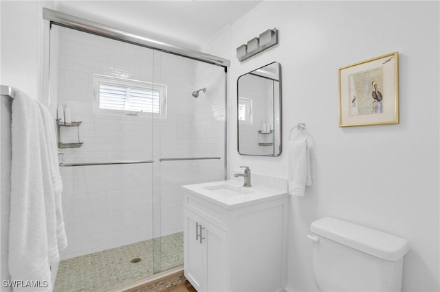 bathroom featuring vanity, toilet, and a shower with door