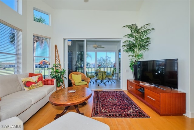 living room featuring ceiling fan, plenty of natural light, and hardwood / wood-style flooring