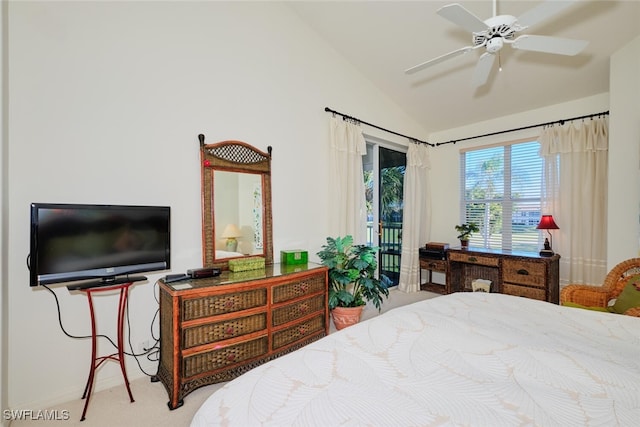 bedroom with ceiling fan, access to exterior, lofted ceiling, and carpet floors