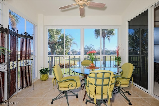 sunroom / solarium featuring ceiling fan