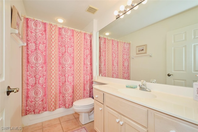 full bathroom featuring tile patterned flooring, shower / bath combination with curtain, toilet, and vanity