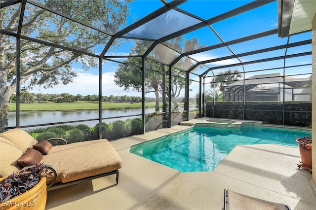 view of swimming pool featuring a water view, a patio, an in ground hot tub, and glass enclosure