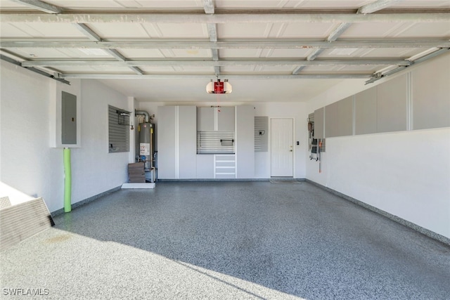 garage with water heater, a garage door opener, and electric panel