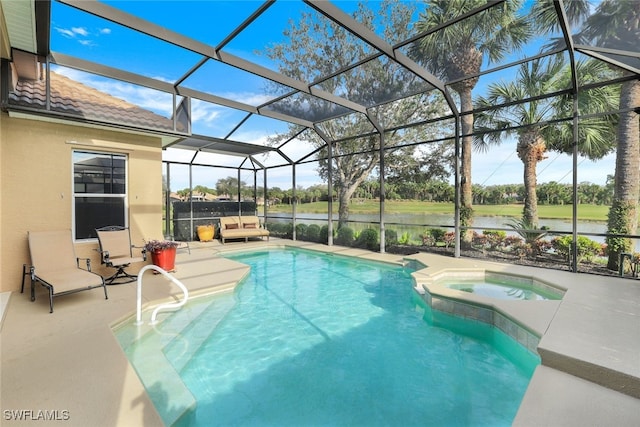 view of pool with a water view, an in ground hot tub, a lanai, and a patio