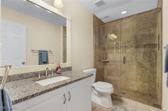 full bath featuring a stall shower, visible vents, vanity, and toilet