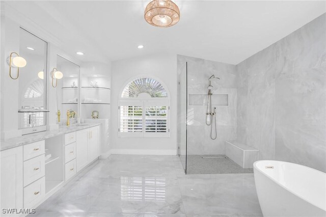 bathroom with vanity, plus walk in shower, and tile walls