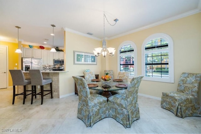 dining room featuring light tile patterned floors, a notable chandelier, and crown molding