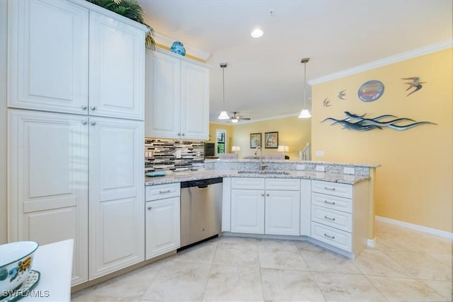 kitchen with stainless steel dishwasher, white cabinets, and kitchen peninsula