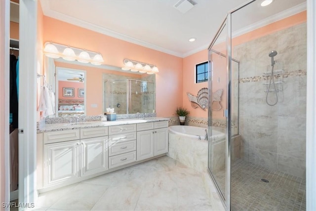 bathroom with independent shower and bath, crown molding, and vanity