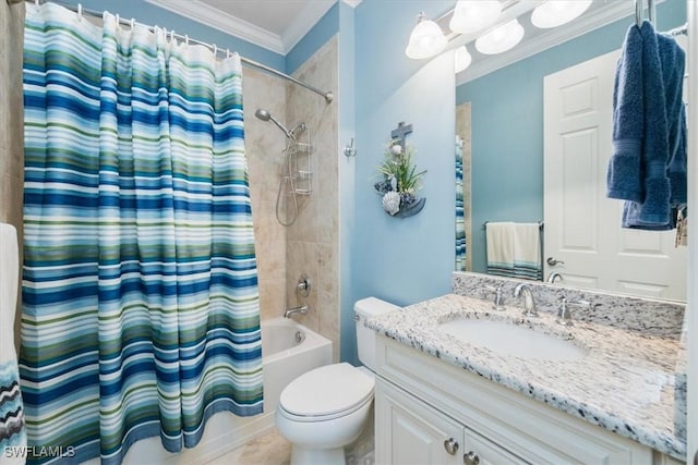 full bathroom with toilet, vanity, shower / bath combo, and crown molding