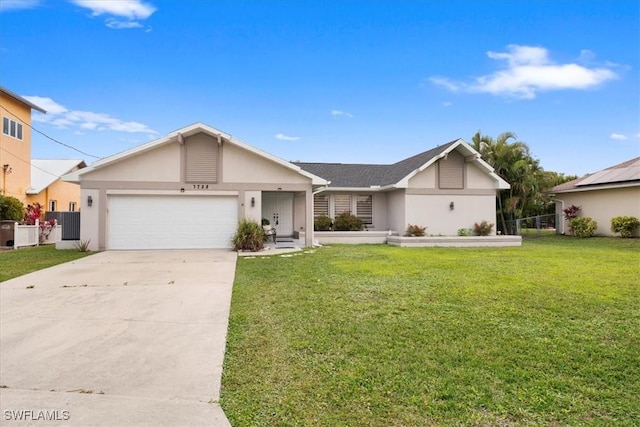 single story home featuring a front yard and a garage