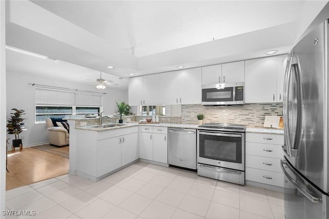 kitchen featuring kitchen peninsula, appliances with stainless steel finishes, white cabinets, and sink