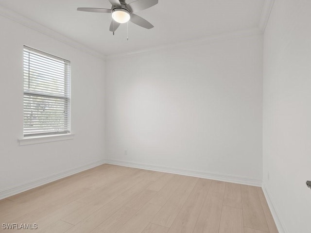 unfurnished room featuring crown molding, ceiling fan, and light wood-type flooring